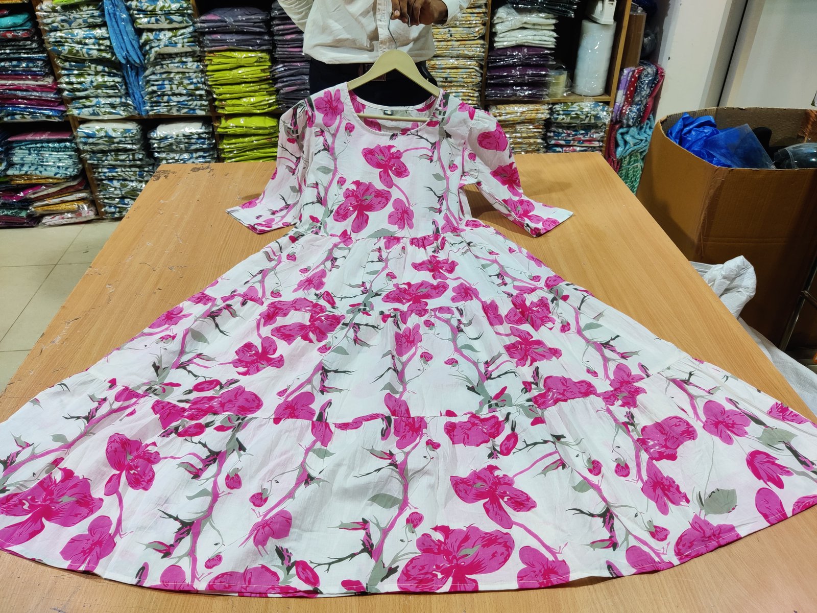 Pink Printed Cotton Midi Gown Dress
